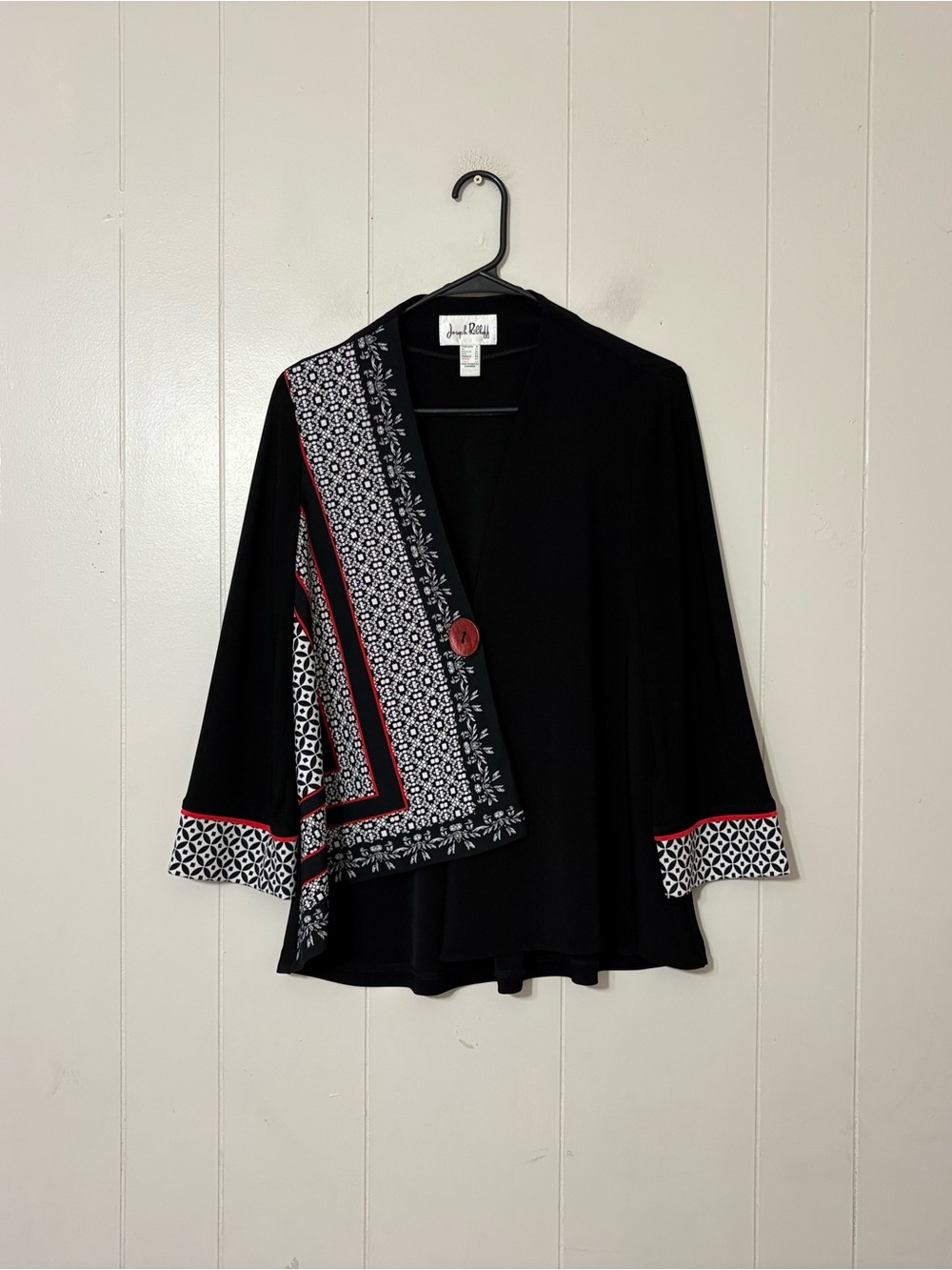 Joseph Ribkoff Asymmetrical Draped Cardigan Blazer Black White Red Size 8 - Picture 2 of 11